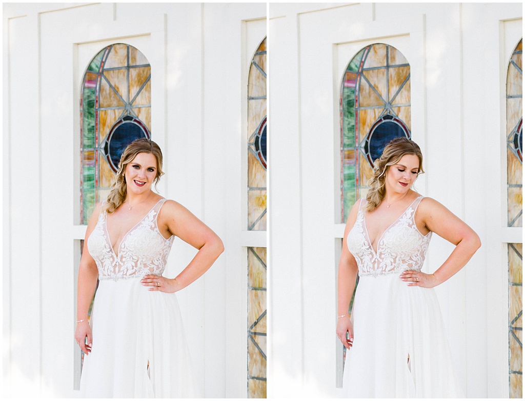 Bridal portrait at Arran Farm's chapel with stained glass windows in the summer.