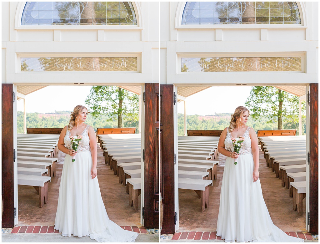 The bride holds a bouquet at the front doors of the chapel.