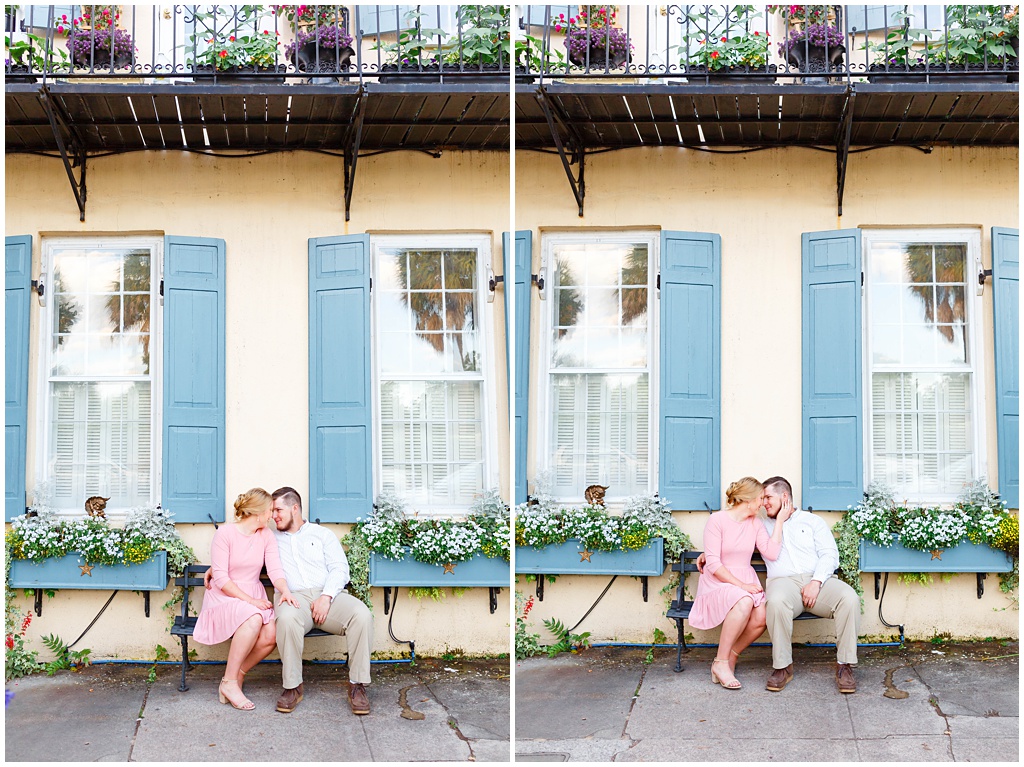 Downtown Charleston engagement photos with a yellow and blue house in the historic district.