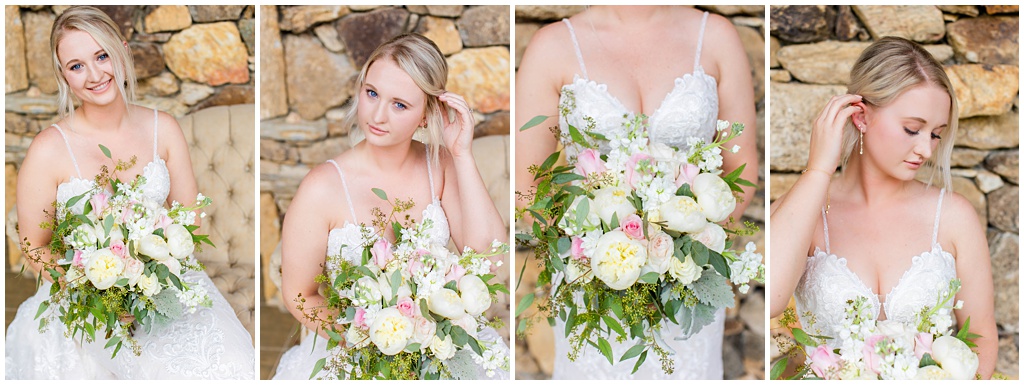 Bridal portraits with a lush romantic bridal bouquet with pink and white flowers.