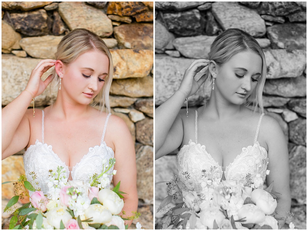 Side by side comparing color to black and white bridals.