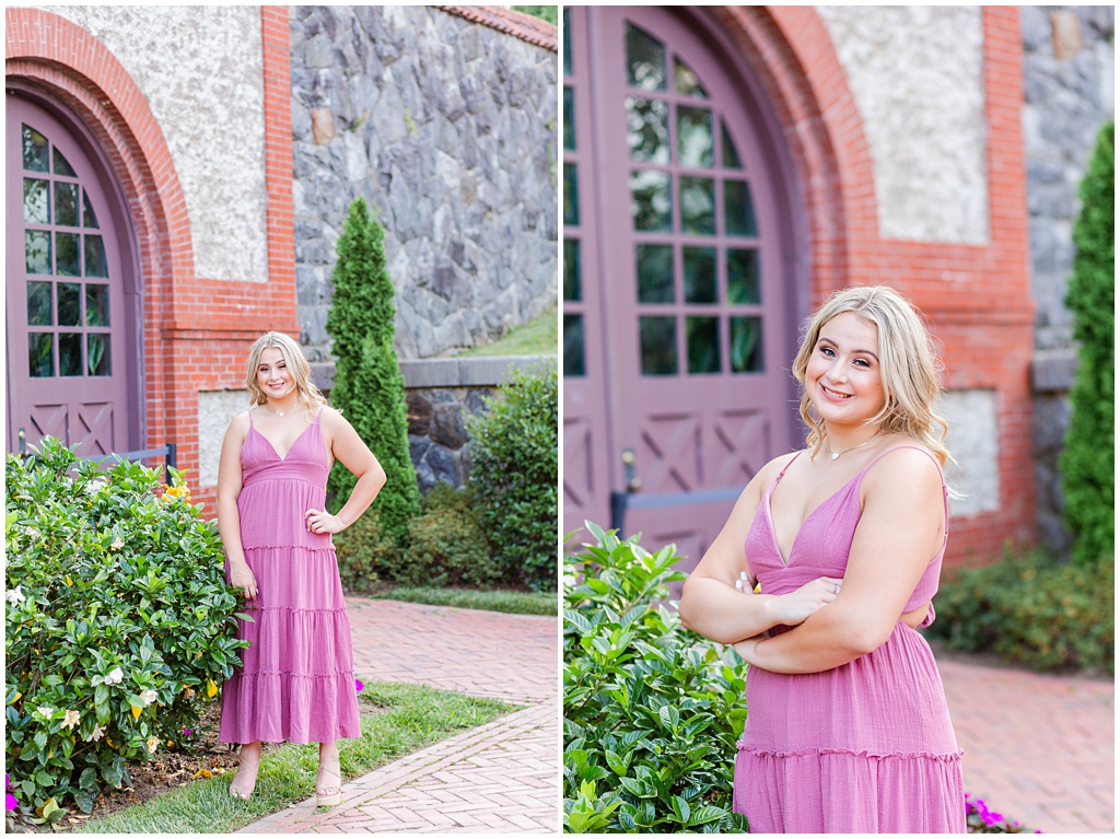 senior with pink long dress at biltmore conservatory
