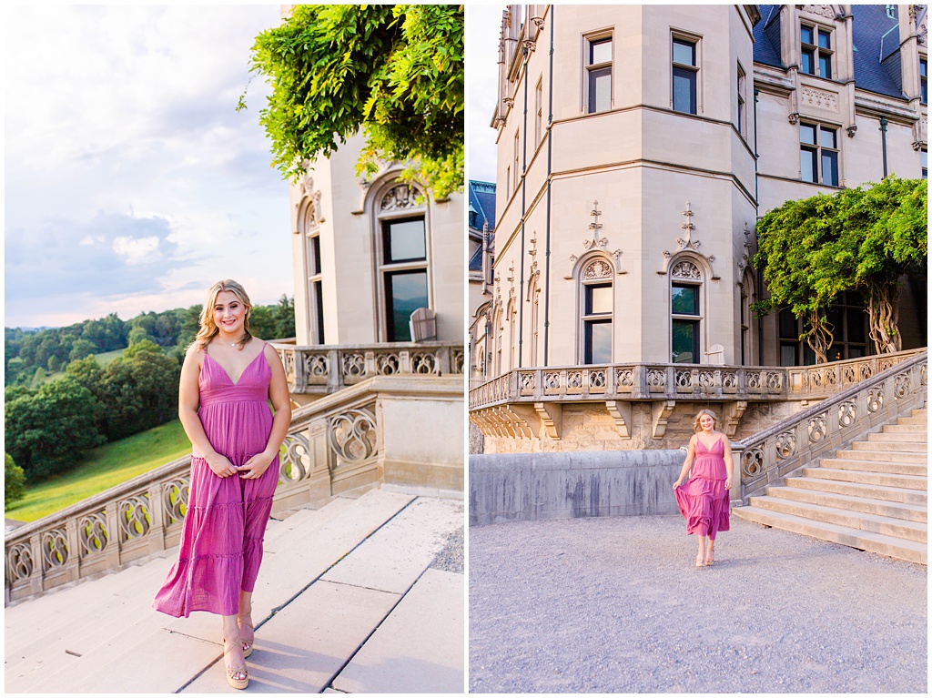 Pink dress for senior photos at the Biltmore Estate.