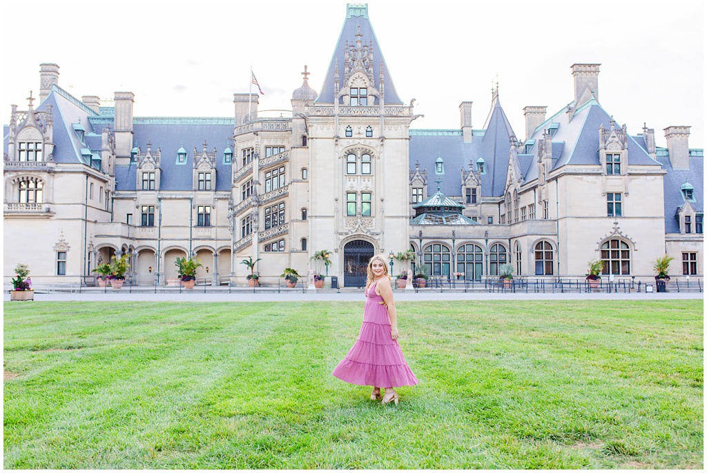 Twirling in a pink dress on the front lawn of the Biltmore.