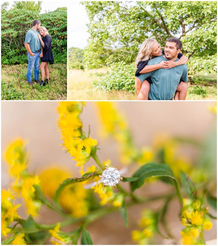 Summer engagement photos in the mountain, featuring a six prong solitaire engagement ring.