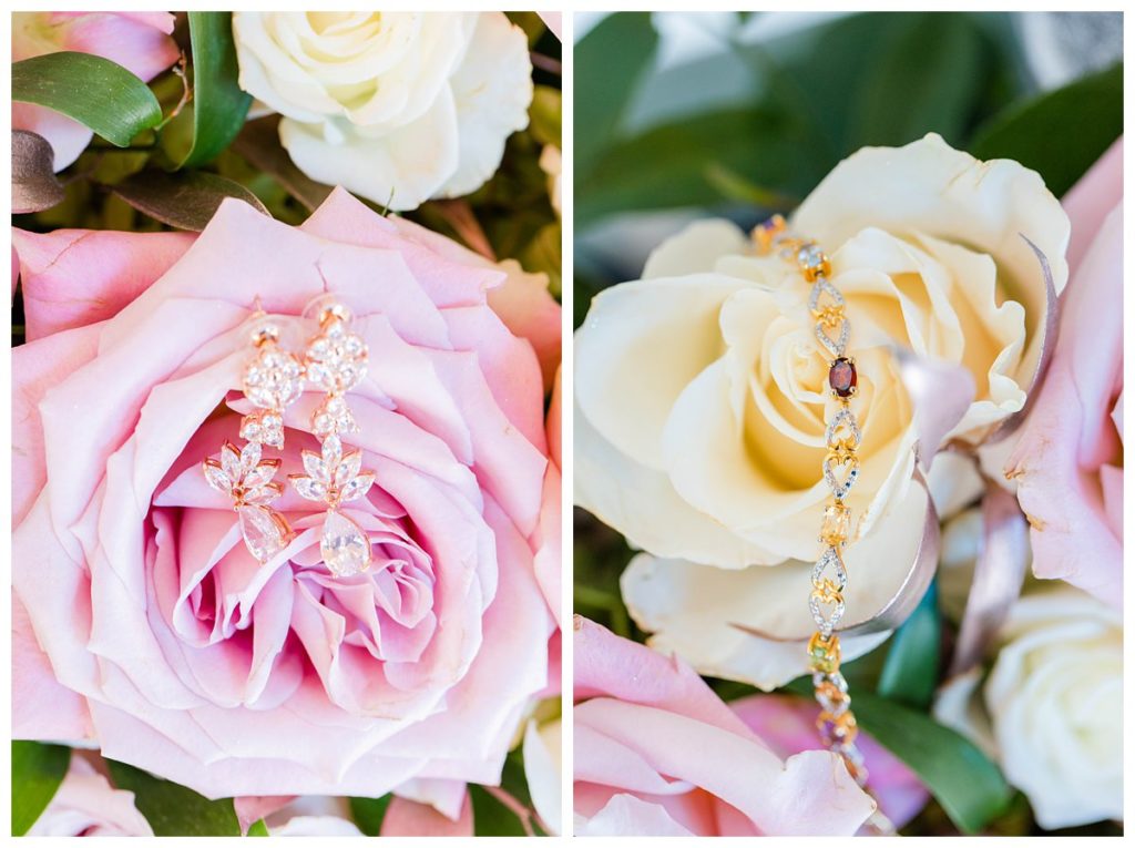 Rose gold jewelry with pink roses.