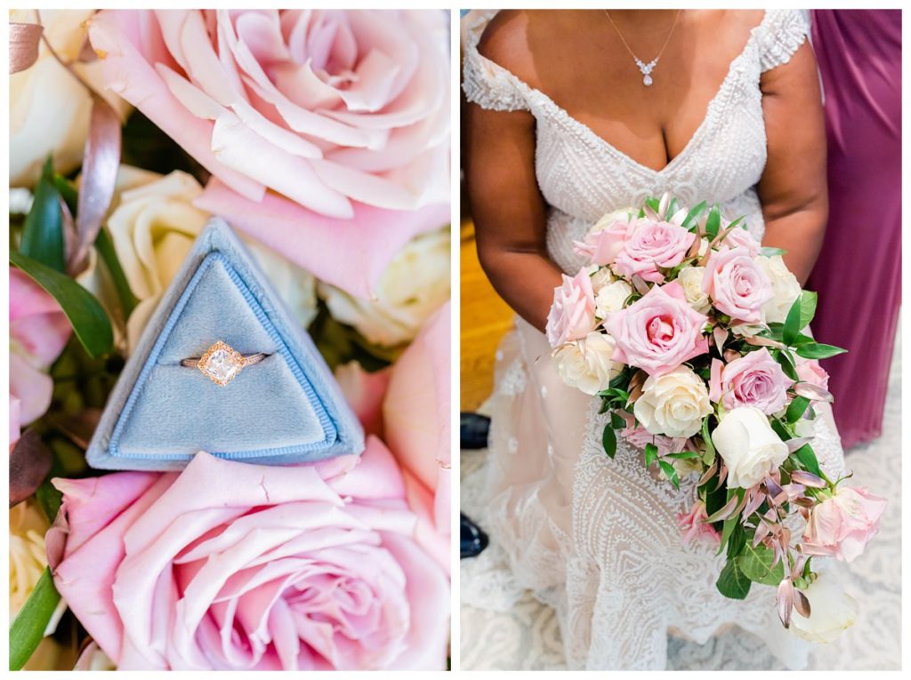 Tyeshia's diamond ring in a blue triangle ring box, next to her pink and white bridal bouquet.