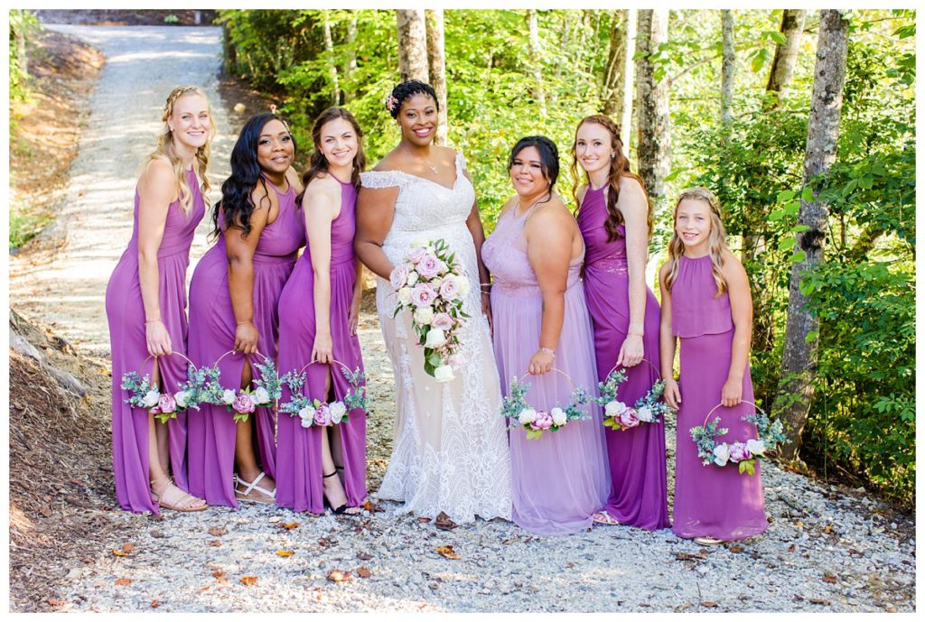 Purple bridesmaids dresses for her outdoor wedding in Asheville.