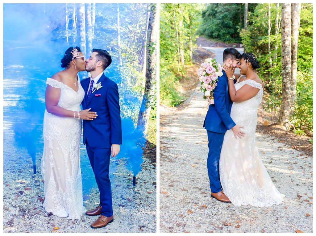 Bride and groom portraits with a blue smoke bomb.