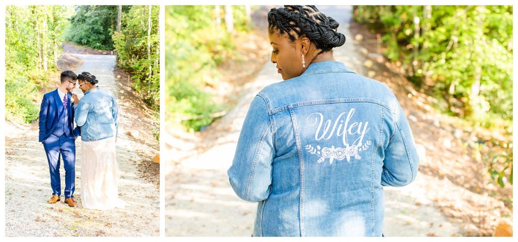 The bride wore a denim jacket for her mountain wedding that had "wifey" on the back.