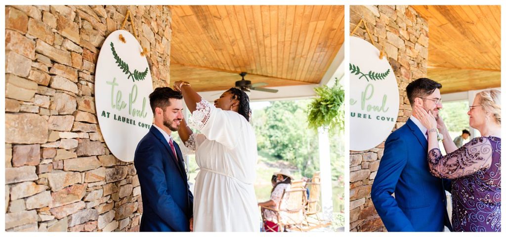 The groom keeps his eyes closed at the bride and his mom help fix his hair before he walks down the aisle.