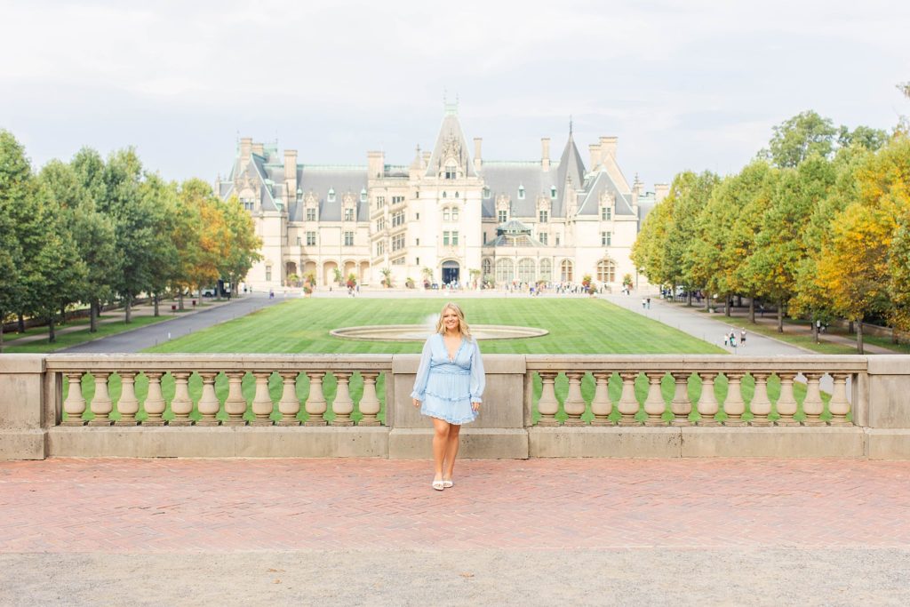 Biltmore Estate House senior portraits in Asheville with a blue dress