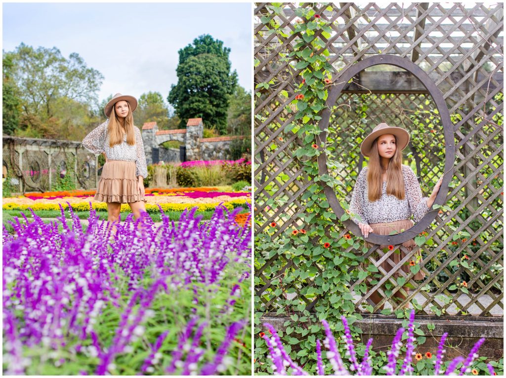 High school senior portraits in the gardens with purple flowers at the Biltmore Estate.