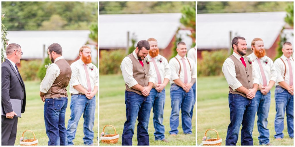The groom turns around to see his bride walking down the aisle for the first time.