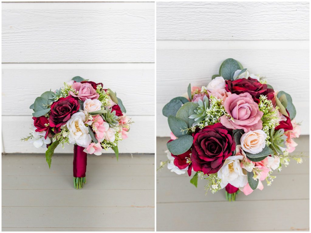 Pink and red faux flower bridal bouquet.