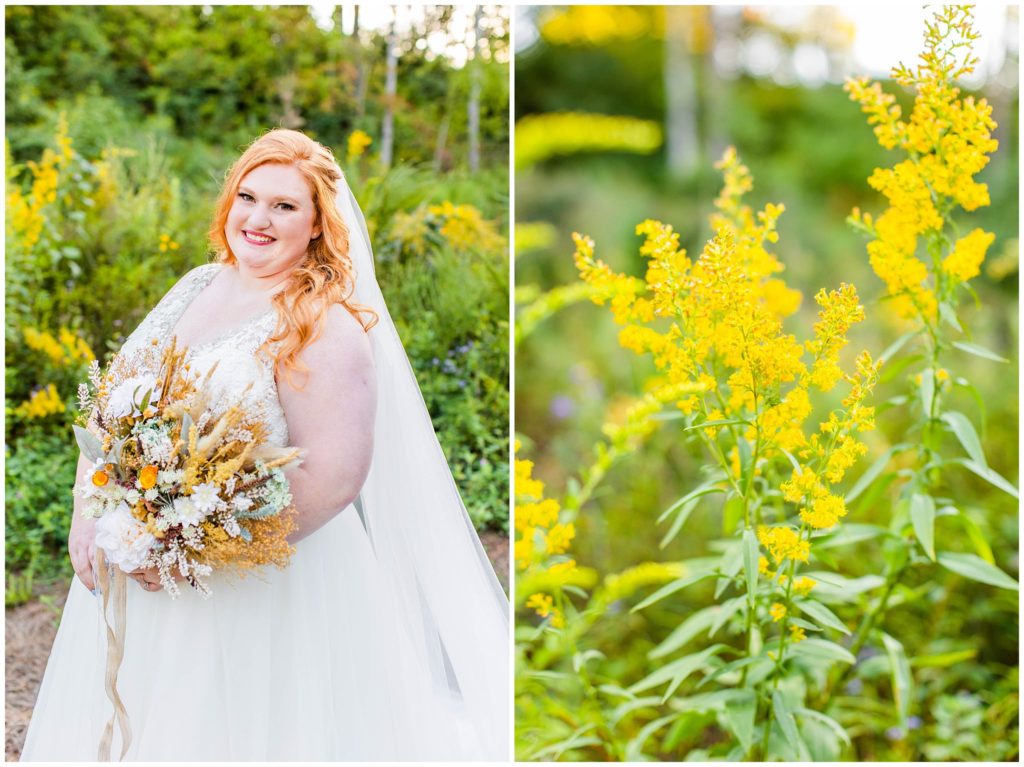 Bridal portraits in a field with yellow wildflowers.