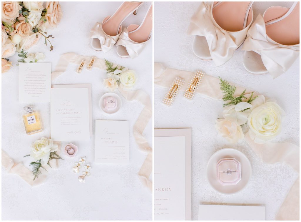 Pastel and romantic blush bridal details with rings, shoes, and perfume | NC Wedding Photographer, Tracy Waldrop Photography