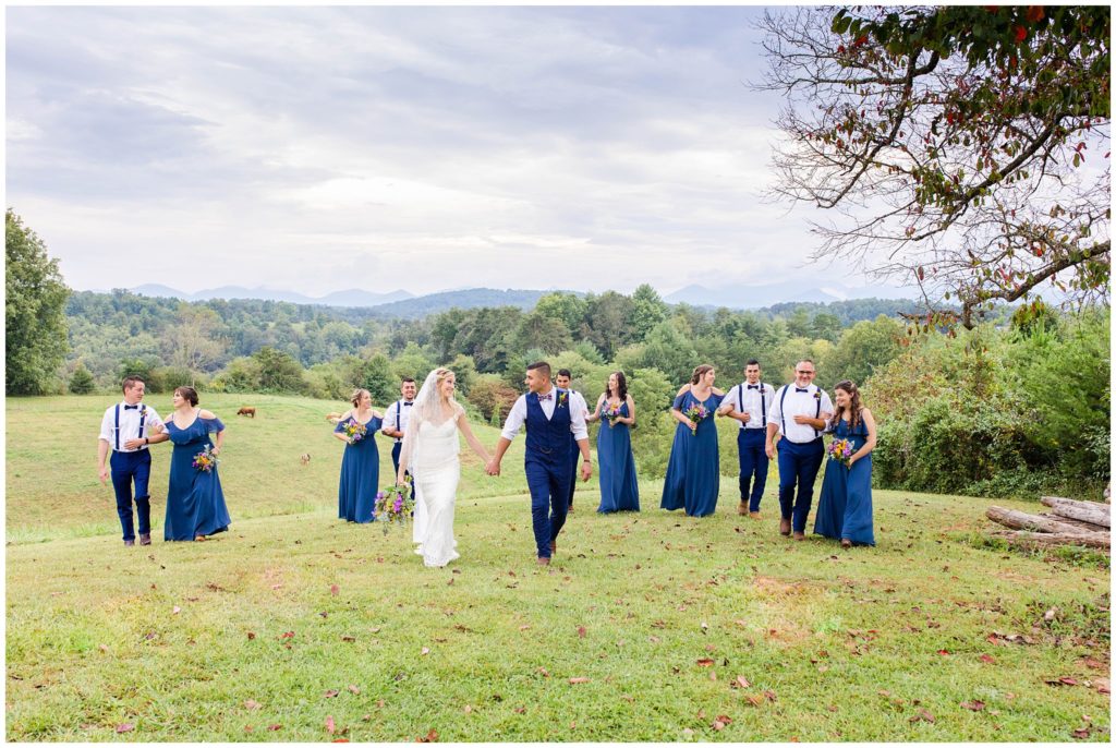 The wedding party walks holding hands through a field | Asheville Wedding Photographer