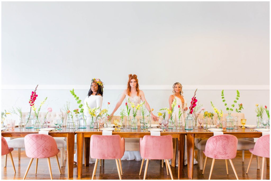 Pink velvet chairs at an indoor brunch wedding in Asheville | Tracy Waldrop Photography
