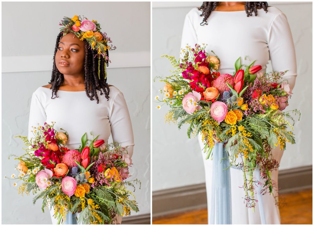 Bridal bouquet and matching crown with tulips and ranunculus | Tracy Waldrop Photography 