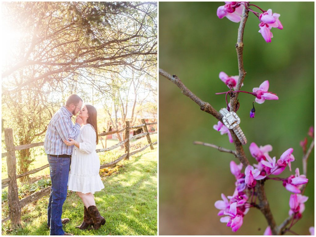 A portrait of Lane and Hannah smiling at one another paired with a detail photo of her engagement ring with pink flowers | Asheville Engagement Photographer