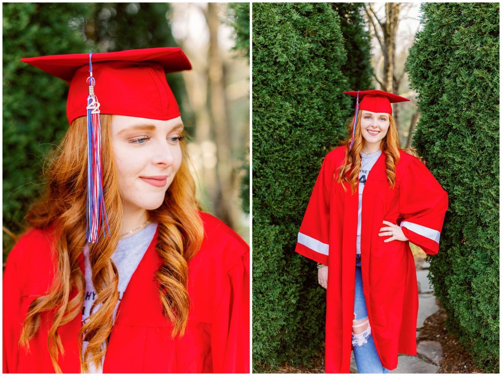 Freedom high school senior photos with a red cap and gown.