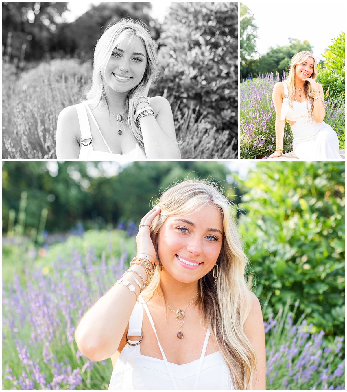 high school senior poses in front of lavender for her senior portraits
