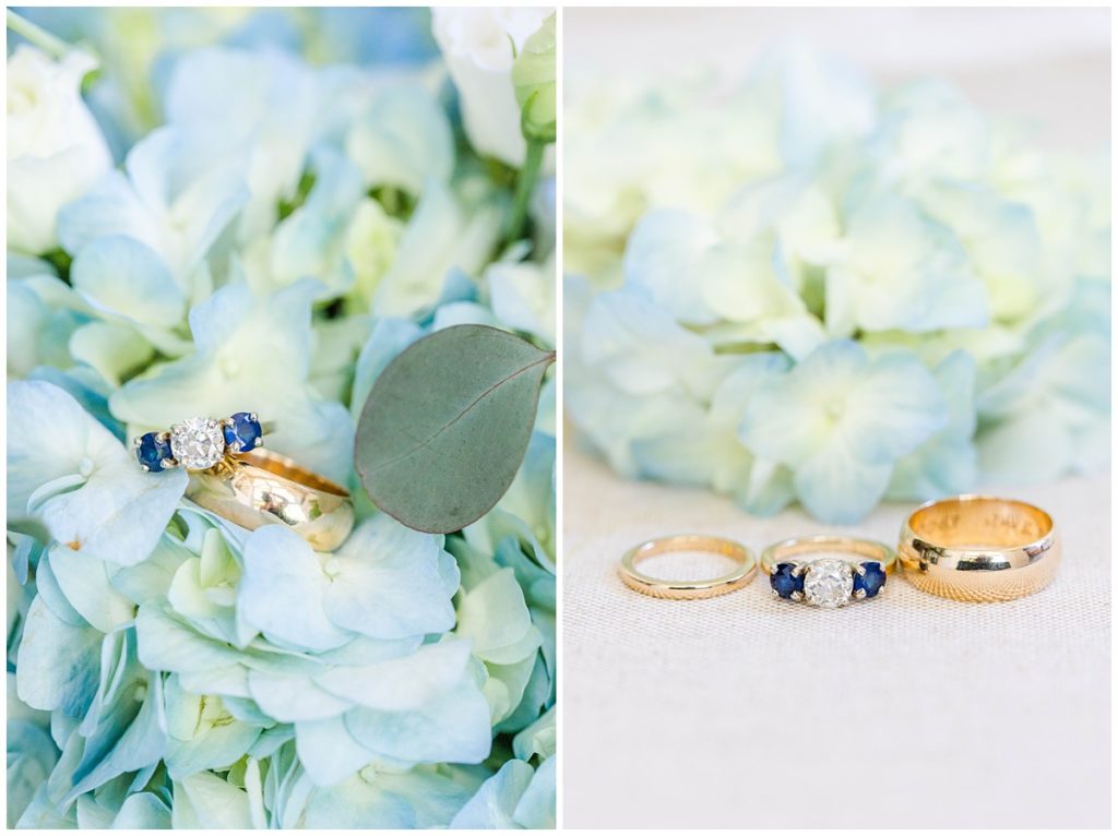 bride and groom ring details with blue hydrangea