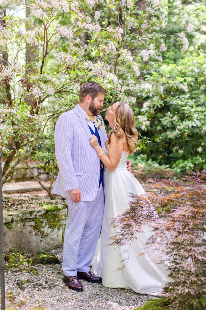 outdoor portrait of couple on their wedding day in Hendersonville, NC