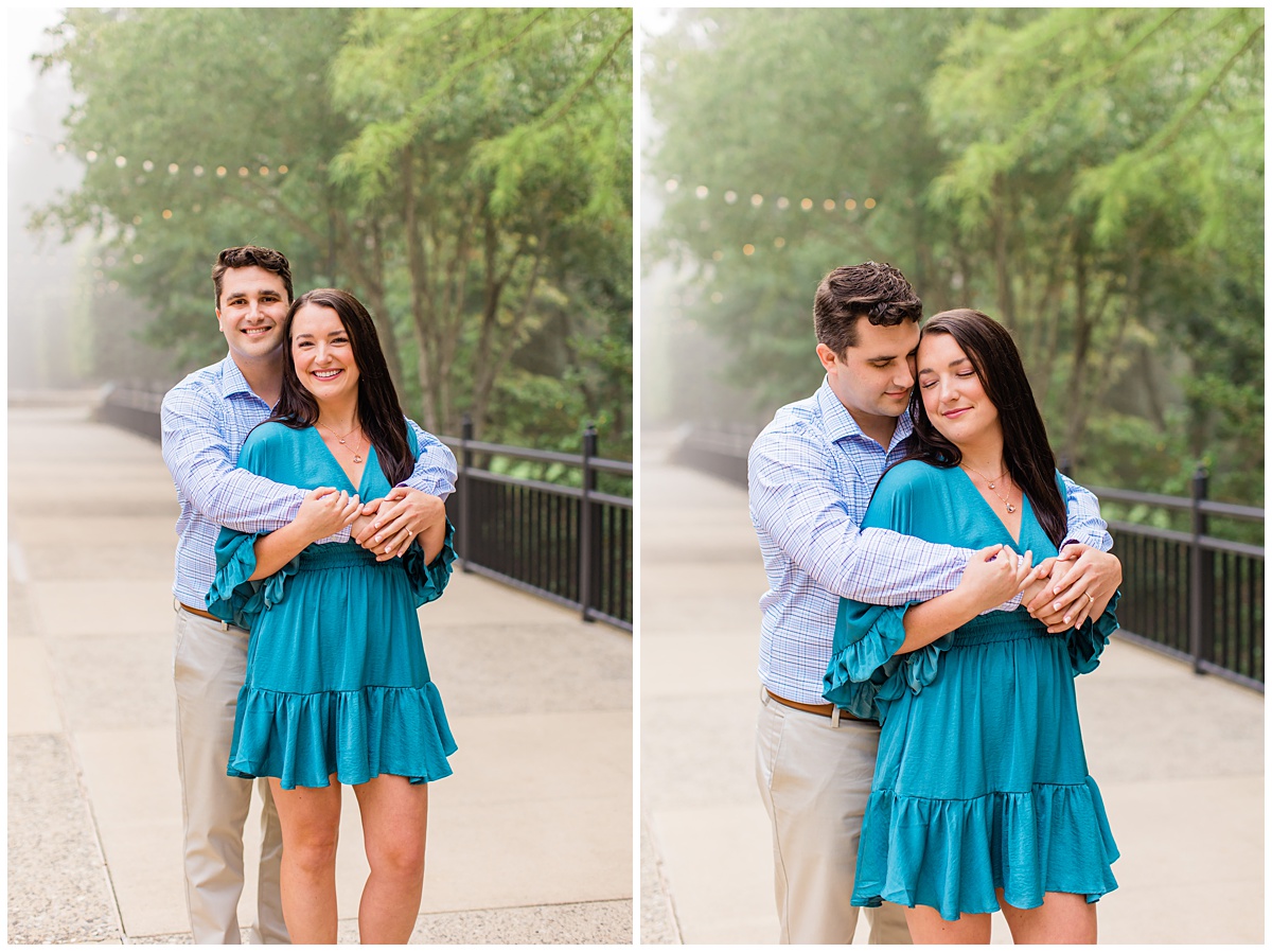 couple cuddling outdoors for their Asheville engagement session