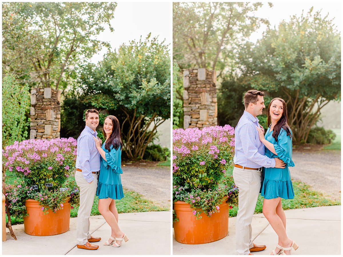 couple poses for engagement session at NC Arboretum