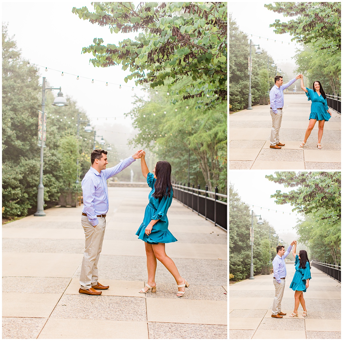 couple twirls around outdoors in the fog for their engagement session