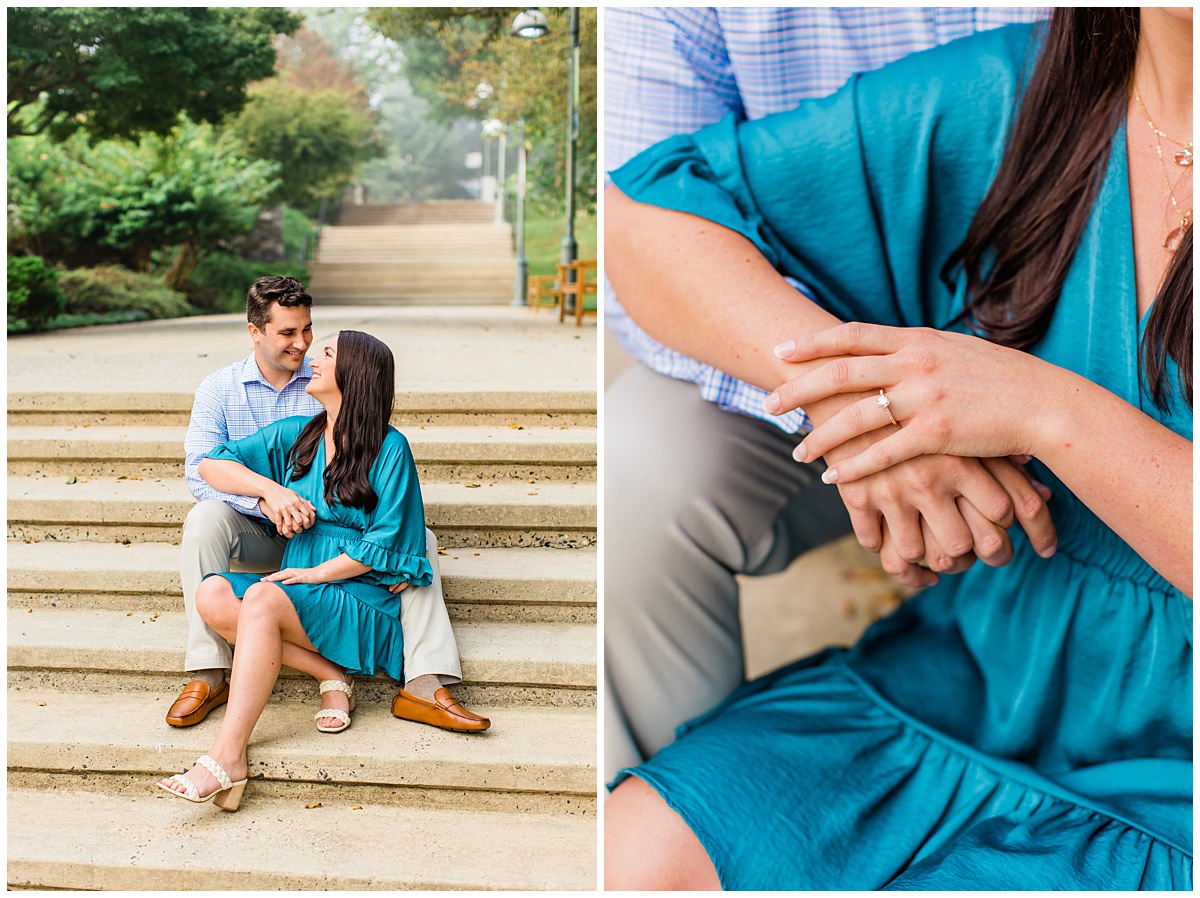 couple sits on a staircase for their engagement session