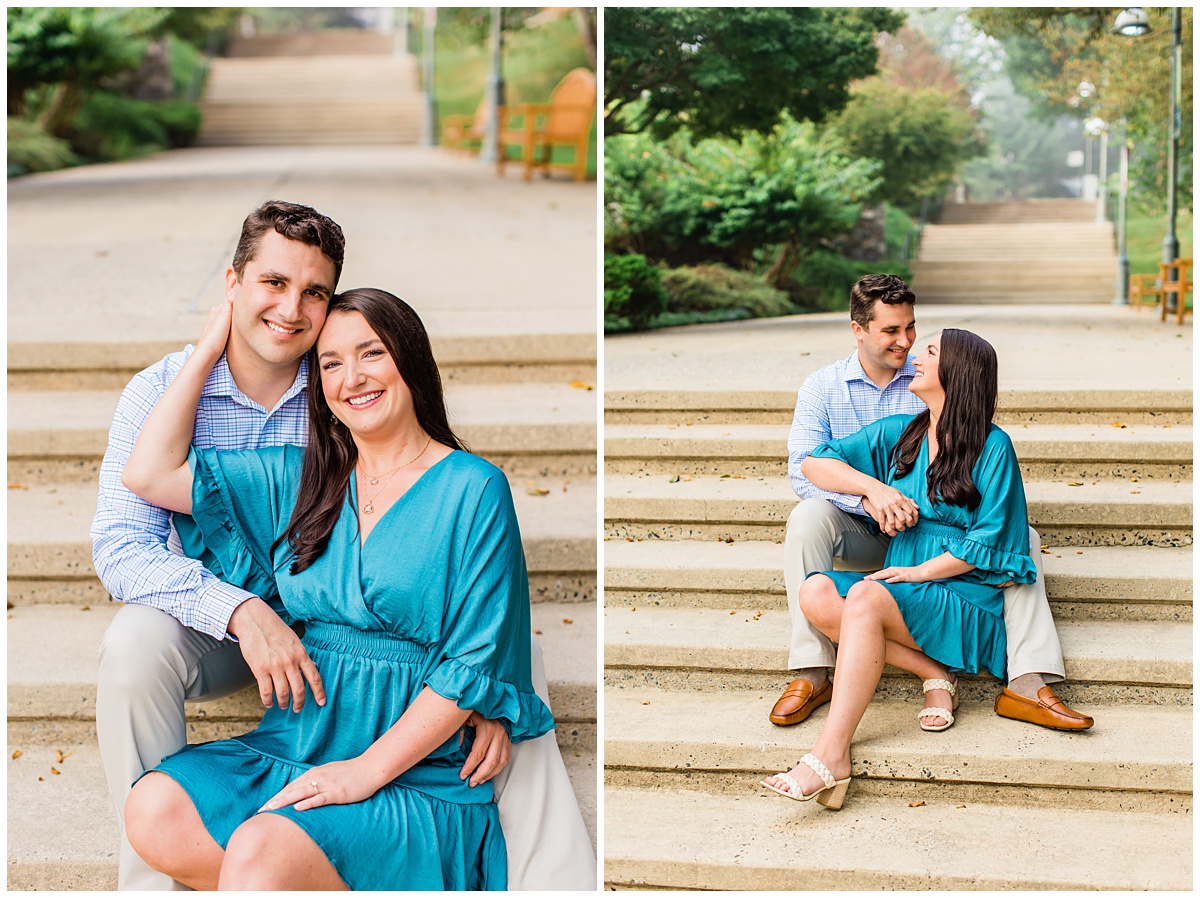 couple sits on stairs for their Asheville engagement session
