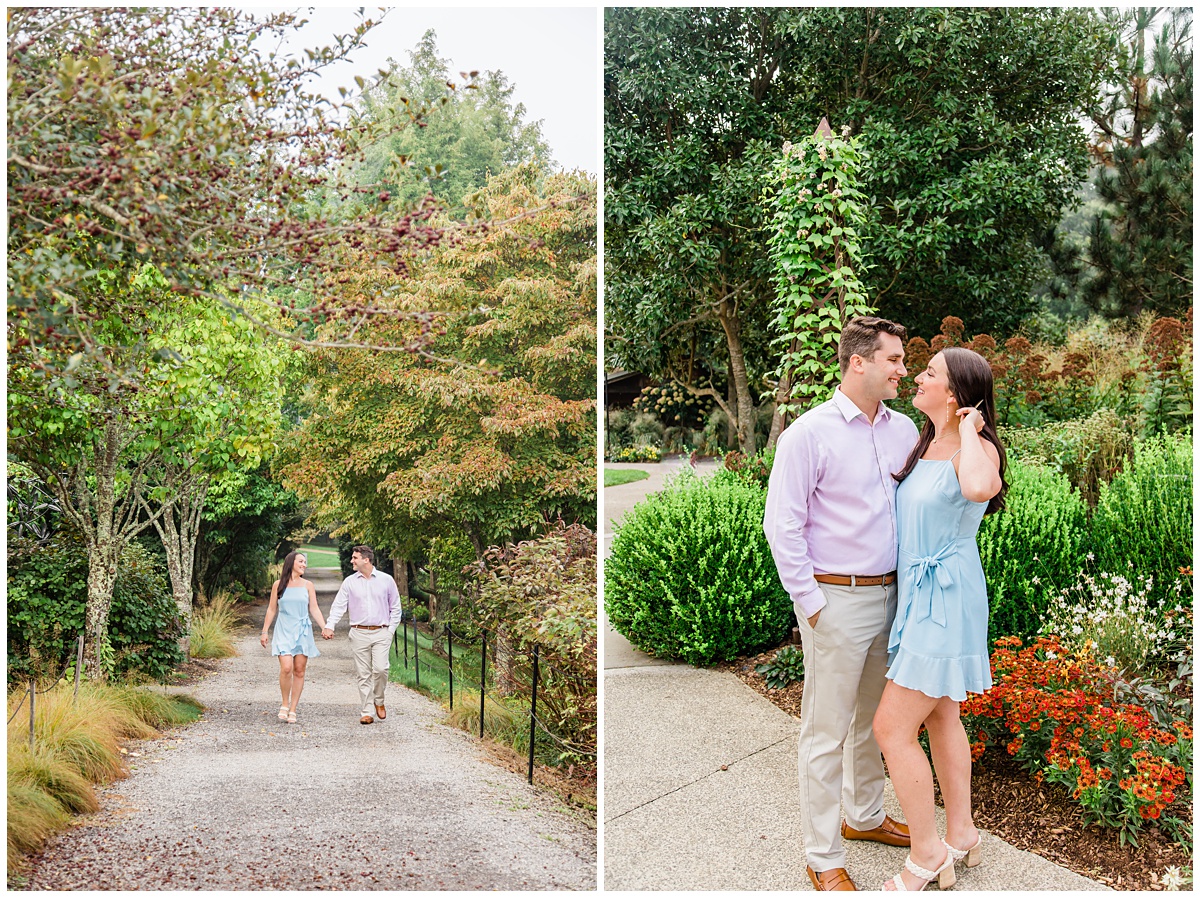 Couple posing for their Asheville engagement session at the NC Arboretum
