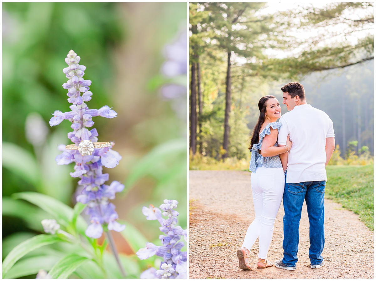 couple posing together for their engagement session at the NC Arboretum