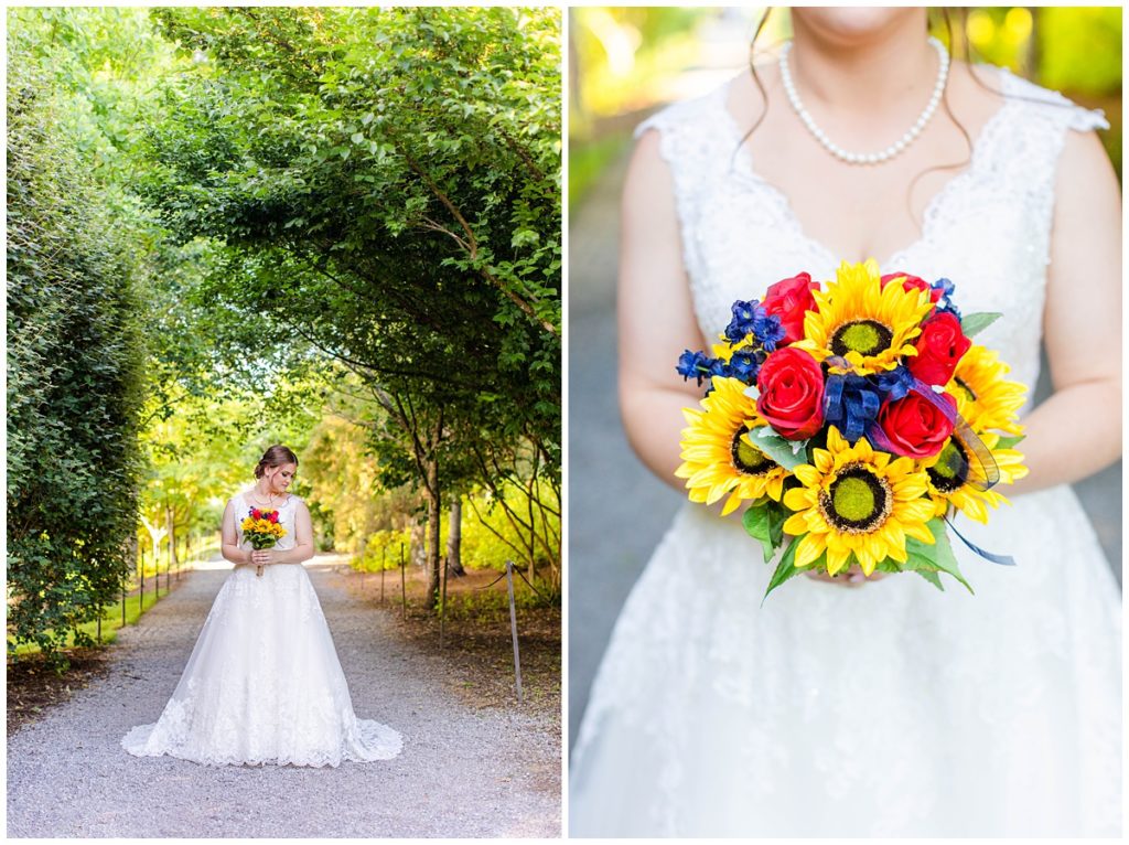 Bride holds yellow, red, and blue bouquet for her Asheville bridal portraits