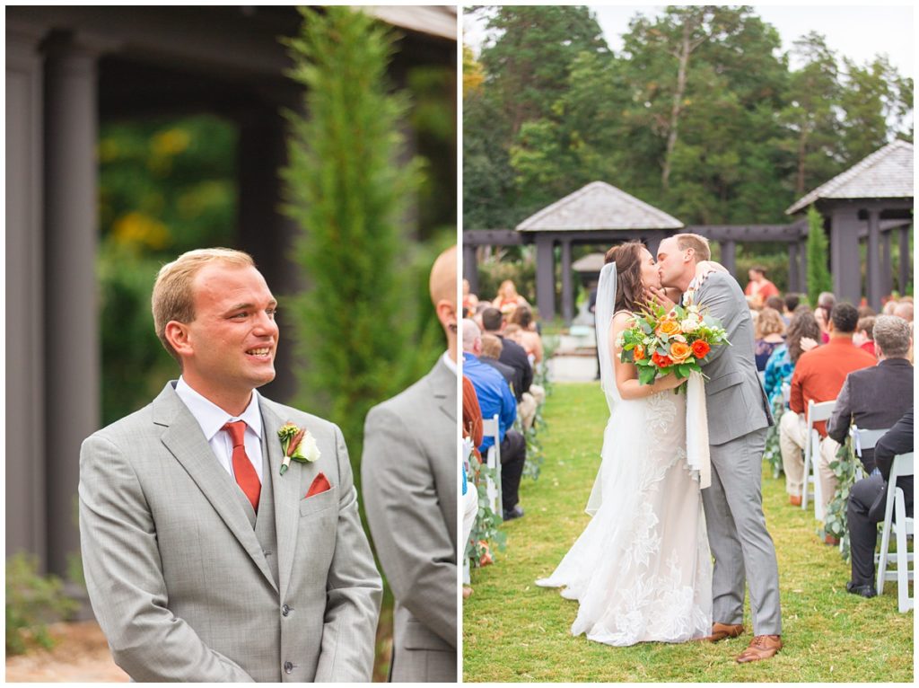 couple shares a kiss after getting married at the barn at reynolda village