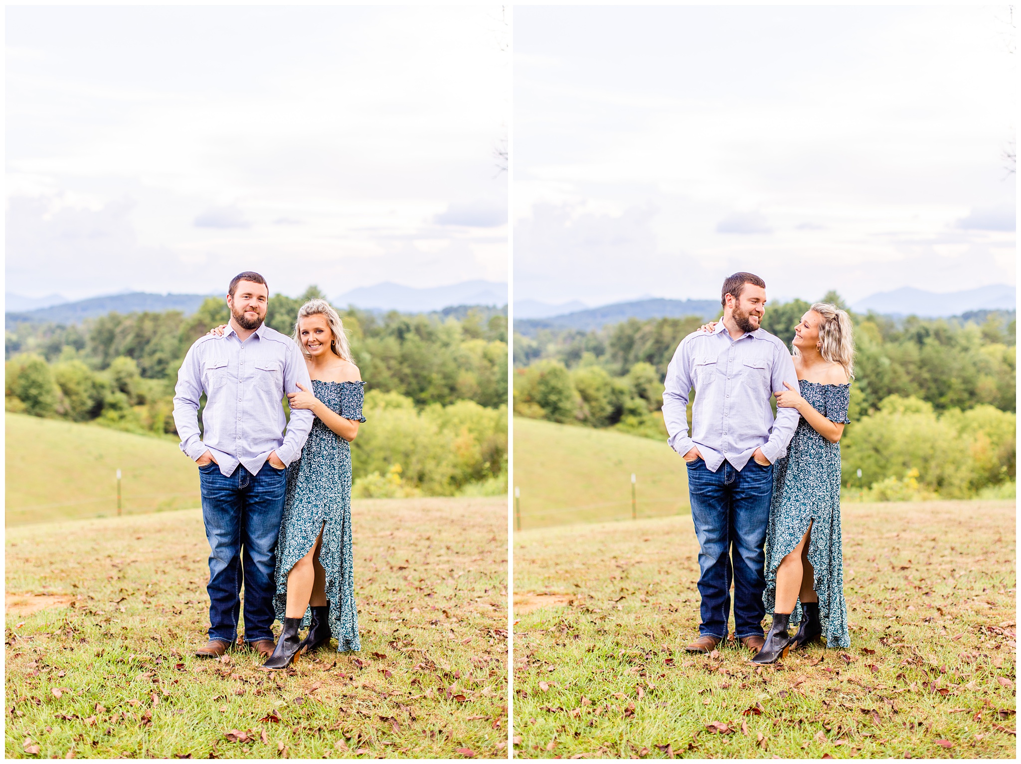 couple poses outdoors with mountains behind them for photo shoot