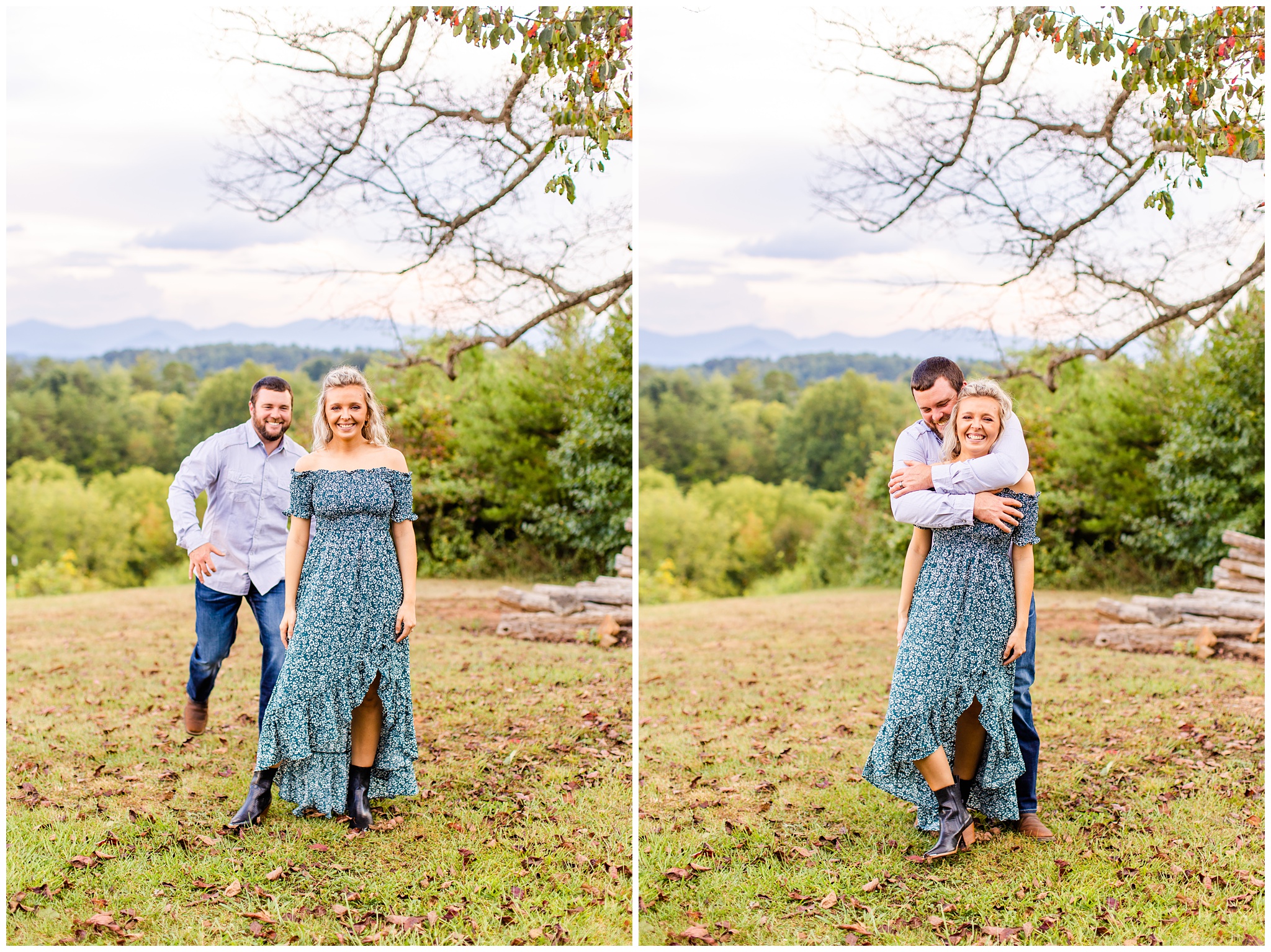 couple laughs and snuggles hillside for their anniversary session
