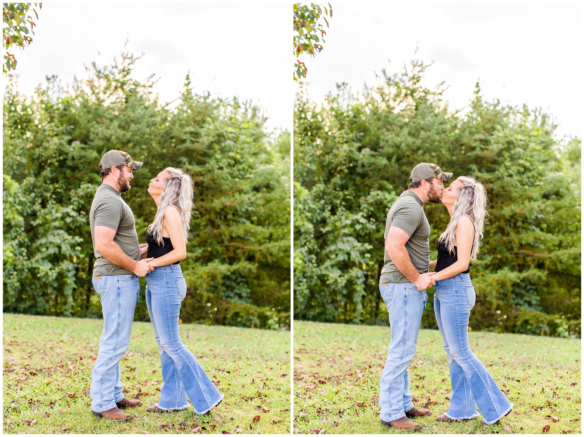 couple kisses outdoors for anniversary photo shoot