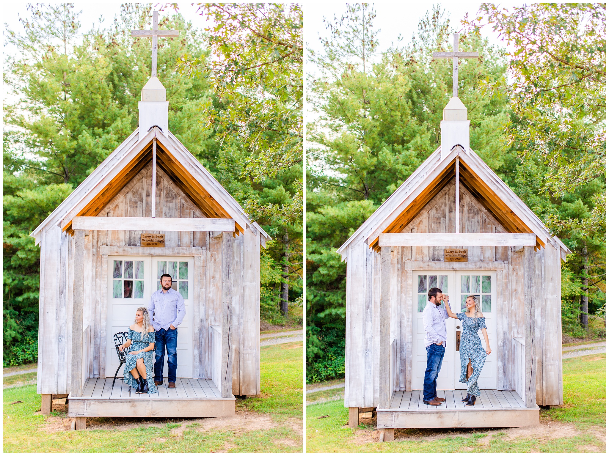 couple shares fun pictures in front of mini chapel for a photo shoot
