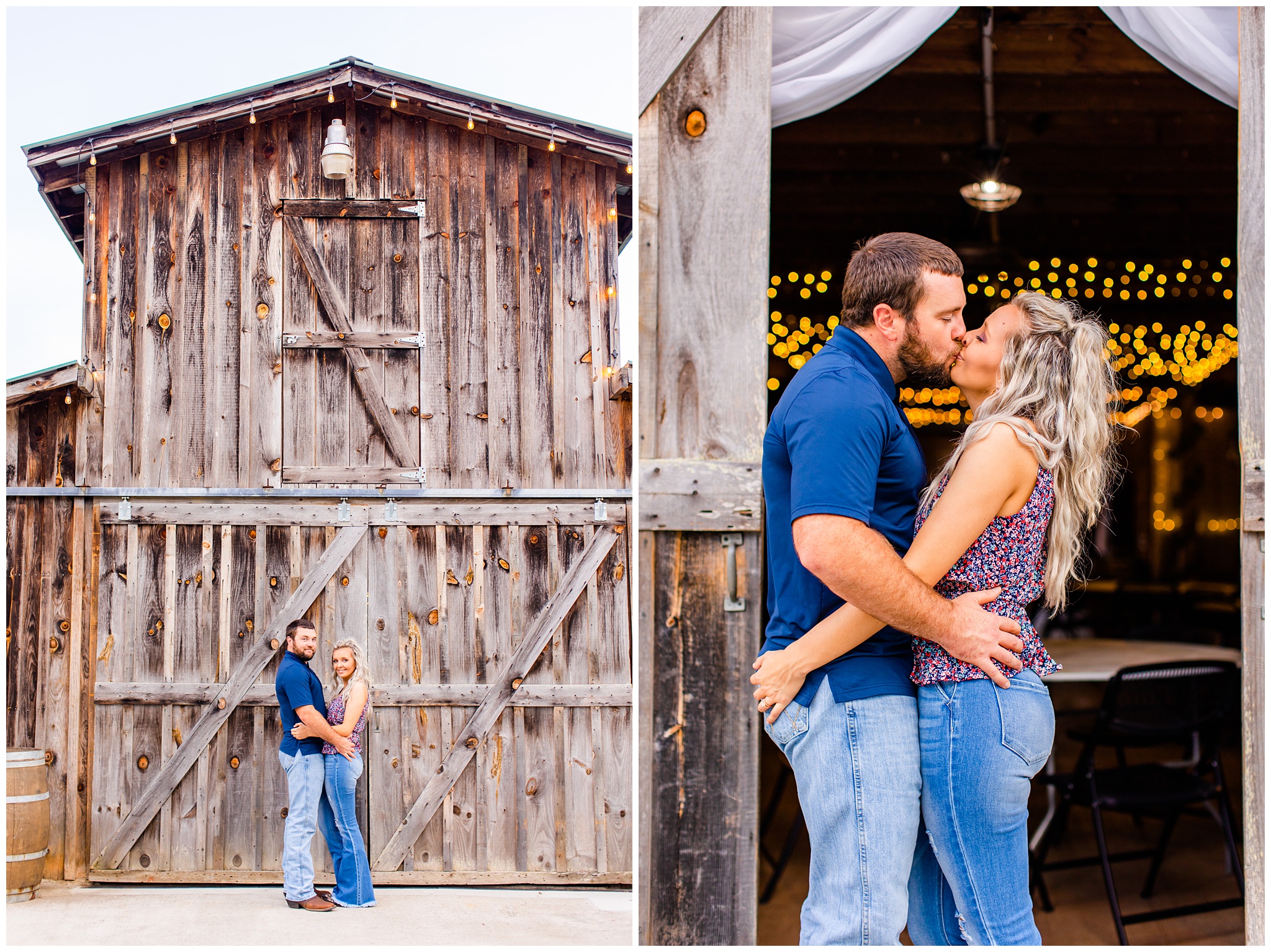 couple shares kiss in front of barn door for anniversary session