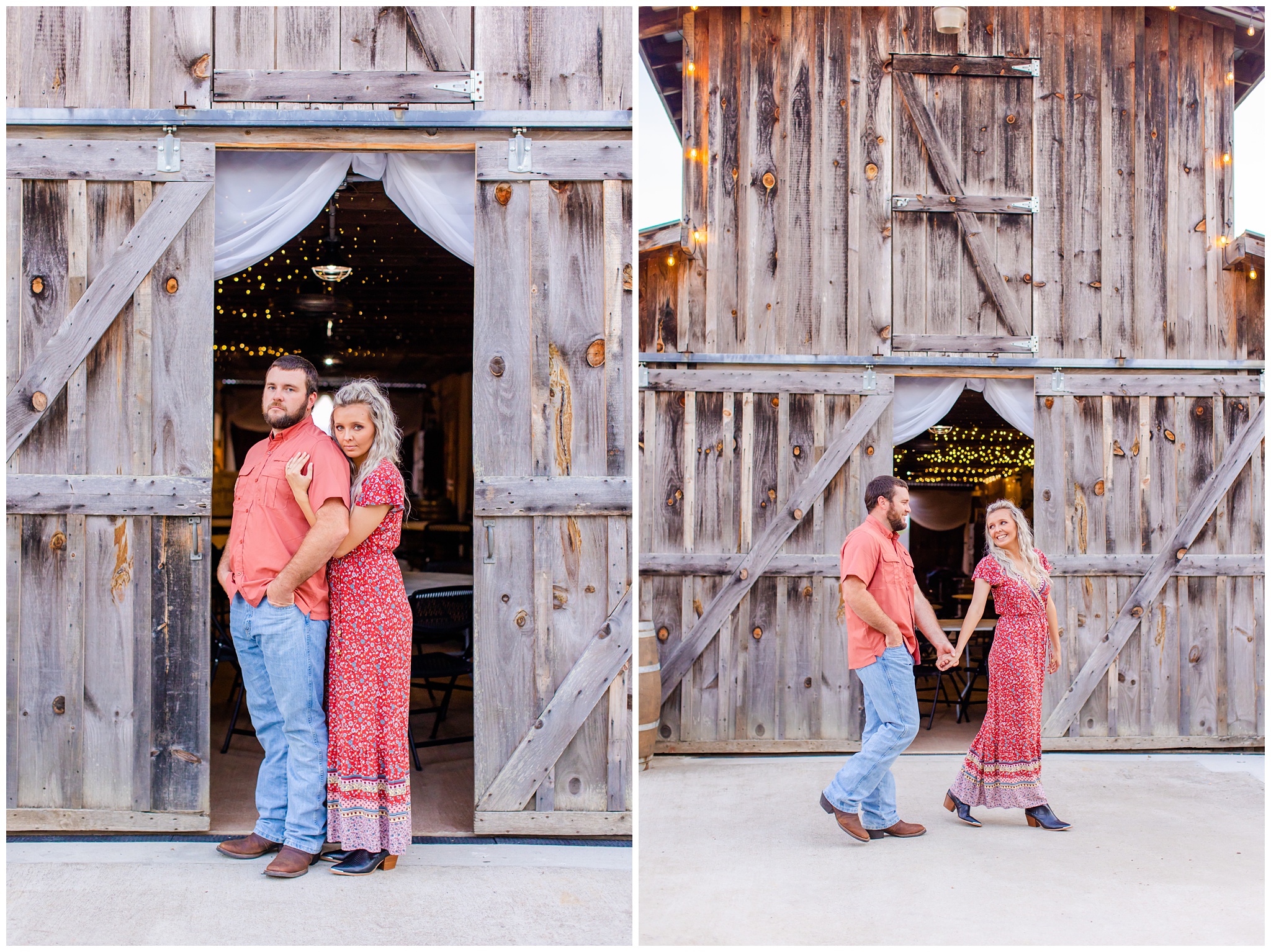 couple poses for photos in front of barn