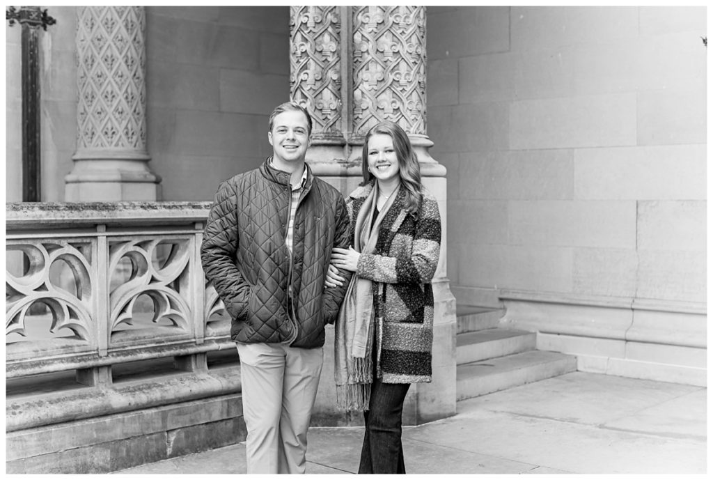 black and white photo of couple at the Biltmore Estate for their engagement session