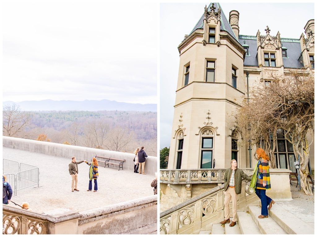 couple walks and explores the Biltmore Estate during their engagement session