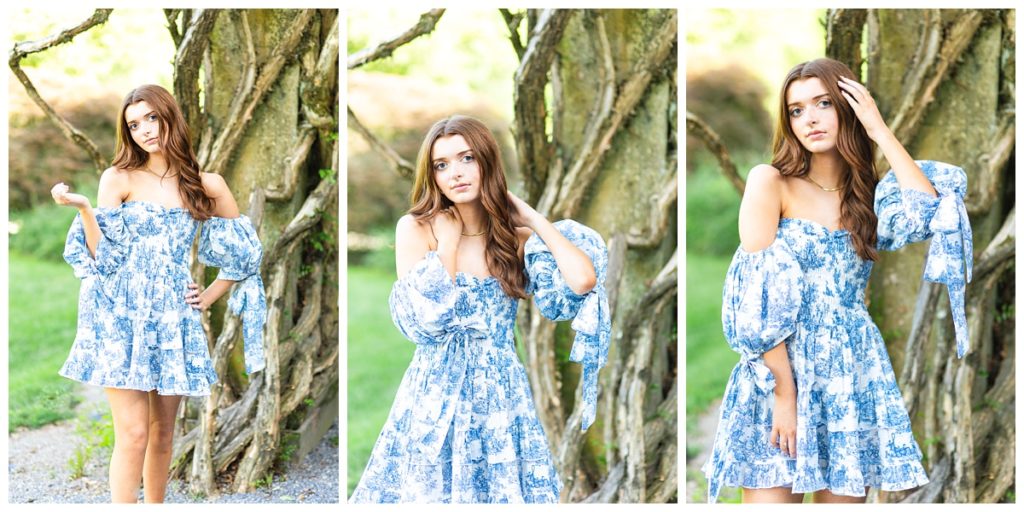 high school senior wears blue and white dress for her North Carolina outdoor senior session