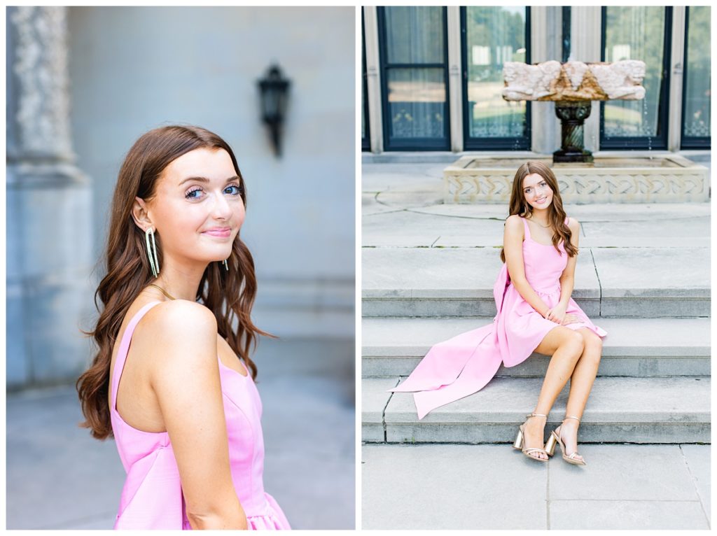 high school senior wears pink dress for her Asheville senior potraits