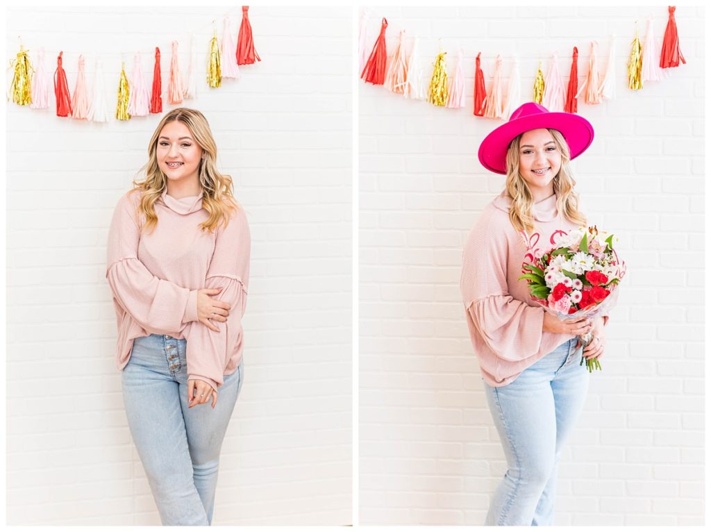 high school senior poses for galentines photo shoot