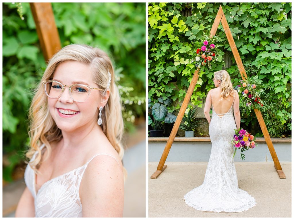 bridal portrait in front of triangle arbor